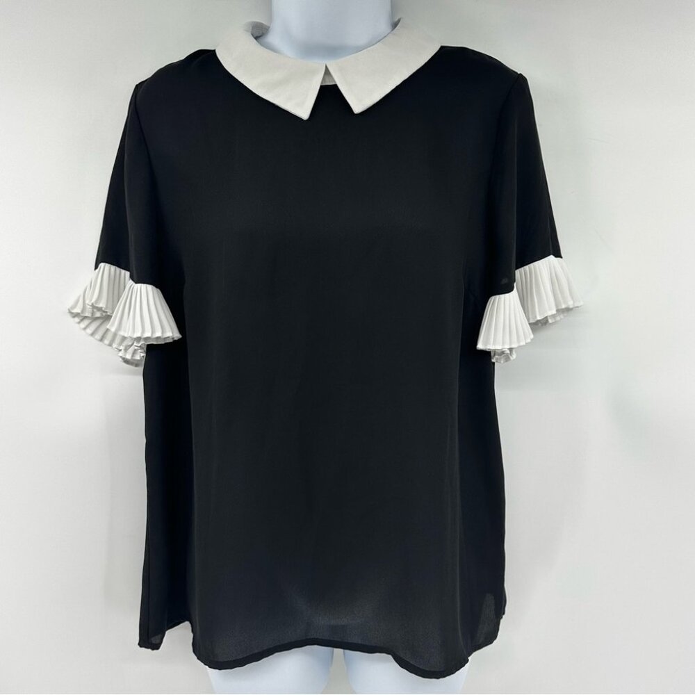 CeCe Women's Short Sleeve Color Blocked Collared Blouse (S)